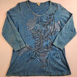 Reba Shirt Womens L Large Blue Black Paisley Rhinestone 3/4 Sleeve Vintage Y2K